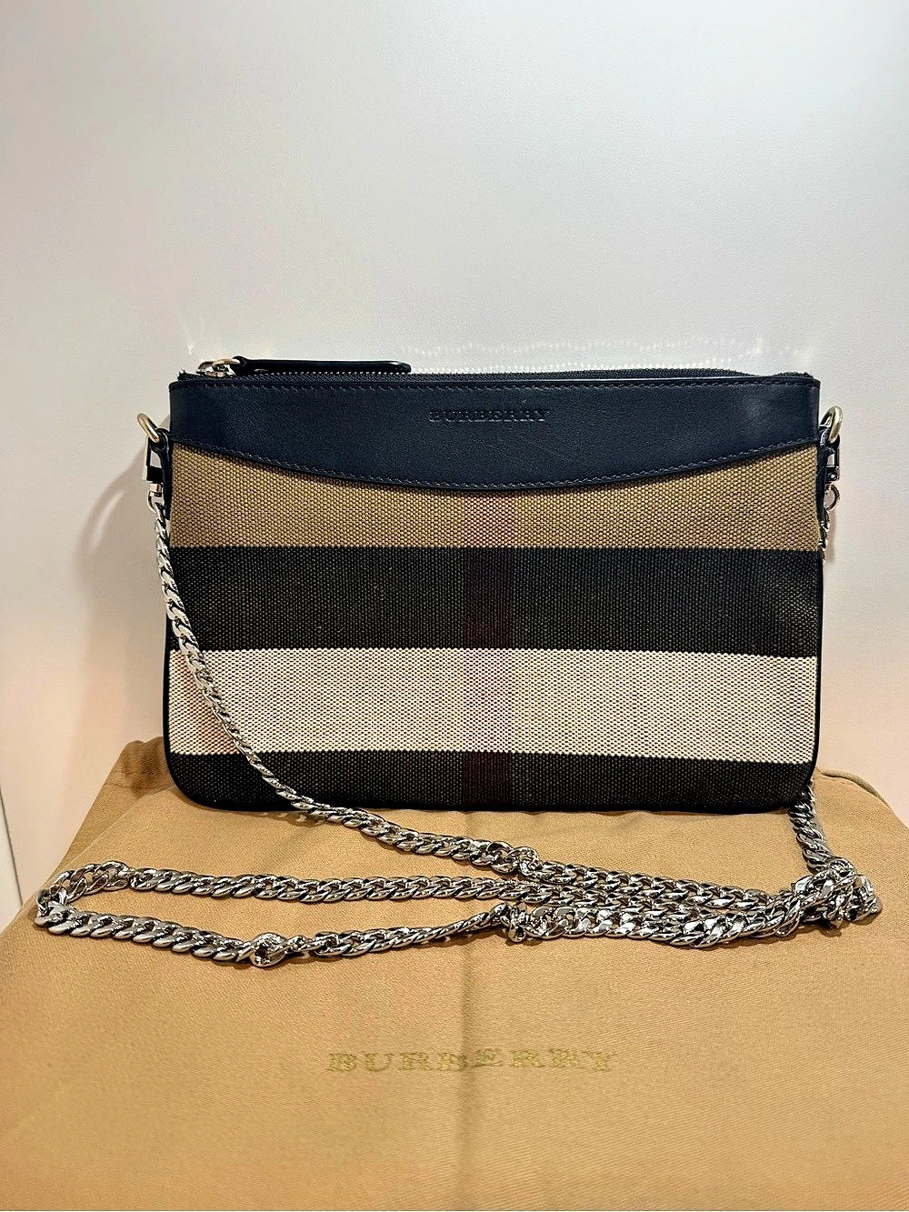 Burberry Abingdon House Check Canvas and Leather Crossbody Chain Clutch Bag